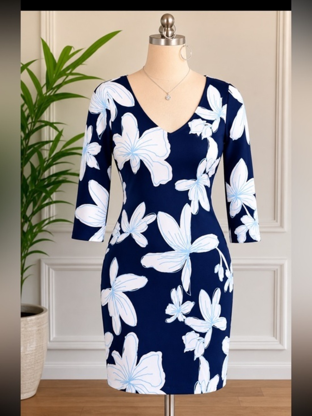 Boston Proper Floral Sheath Dress Navy White V Neck Size XS